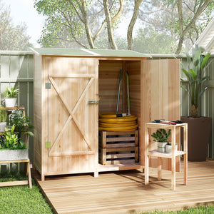 Armoire de jardin cabane à outils 140L x 75l x 157H cm 2 portes verrouillables tabouret de rangement toit en bitume imperméable bois de sapin pré-huilé