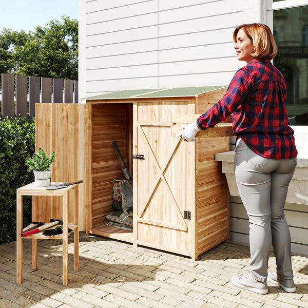 Armoire de jardin cabane à outils 140L x 75l x 157H cm 2 portes verrouillables tabouret de rangement toit en bitume imperméable bois de sapin pré-huilé