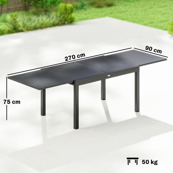 Table de Jardin Extensible pour 6 à 10 Personnes, Table de Salle à Manger Extérieure en Aluminium avec Plateau à Lattes, Patins Réglables, 270/135 x 90 x 75 cm, Gris Foncé