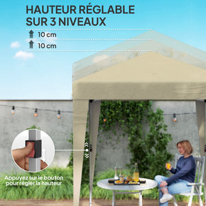 Tonnelle de jardin pliante pop-up 2 x 2 m tente de réception hauteur réglable 3 niveaux Anti-UV 30+ 3 parois latérales avec 4 sacs de sable et 1 sac de transport tissu Oxford acier beige