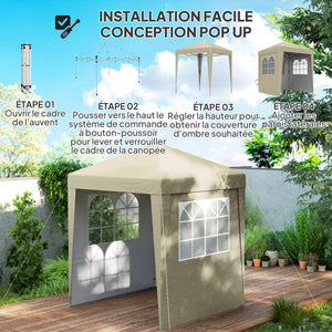 Tonnelle de jardin pliante pop-up 2 x 2 m tente de réception hauteur réglable 3 niveaux Anti-UV 30+ 3 parois latérales avec 4 sacs de sable et 1 sac de transport tissu Oxford acier beige