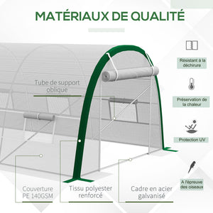Serre de Jardin Tunnel 18 m² serre à tomates dim. 6L x 3l x 2H m - 8 fenêtres, Porte zippée Enroulable - châssis Tubulaire Acier galvanisé, bâche PE Haute densité Blanc