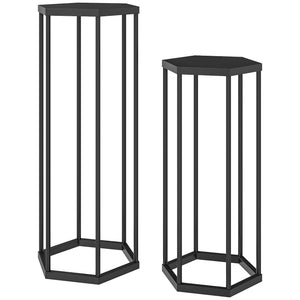 Lot de 2 supports pour plantes, tabouret à fleurs hexagonal, porte-plante haut en métal, support pot de fleur intérieur et extérieur, pour jardin, balcon, maison, noir