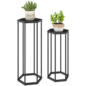 Lot de 2 supports pour plantes, tabouret à fleurs hexagonal, porte-plante haut en métal, support pot de fleur intérieur et extérieur, pour jardin, balcon, maison, noir