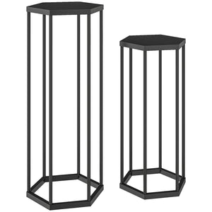 Lot de 2 supports pour plantes, tabouret à fleurs hexagonal, porte-plante haut en métal, support pot de fleur intérieur et extérieur, pour jardin, balcon, maison, noir