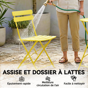 Ensemble Bistrot de Jardin 3 Pièces san Montage - Table et 2 Chaises Pliantes à Lattes en Métal avec Double Protection Antirouille - Mobilier de Balcon et Terrasse Chic, Jaune