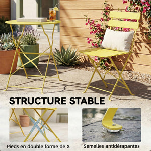 Ensemble Bistrot de Jardin 3 Pièces san Montage - Table et 2 Chaises Pliantes à Lattes en Métal avec Double Protection Antirouille - Mobilier de Balcon et Terrasse Chic, Jaune