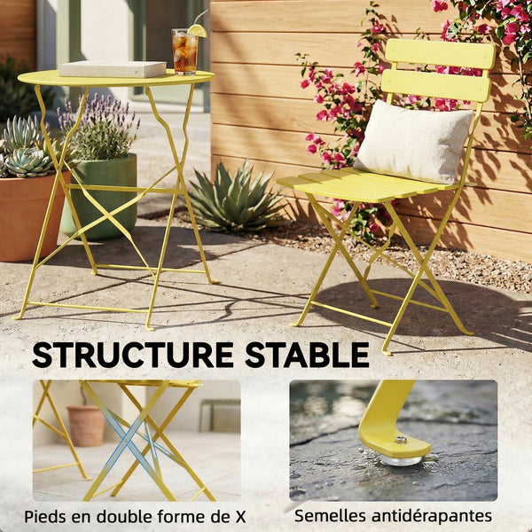 Ensemble Bistrot de Jardin 3 Pièces san Montage - Table et 2 Chaises Pliantes à Lattes en Métal avec Double Protection Antirouille - Mobilier de Balcon et Terrasse Chic, Jaune