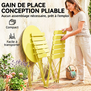 Ensemble Bistrot de Jardin 3 Pièces san Montage - Table et 2 Chaises Pliantes à Lattes en Métal avec Double Protection Antirouille - Mobilier de Balcon et Terrasse Chic, Jaune