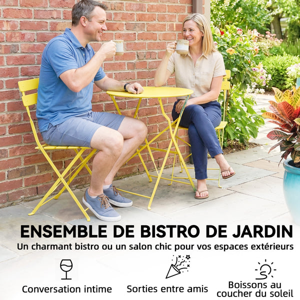 Ensemble Bistrot de Jardin 3 Pièces san Montage - Table et 2 Chaises Pliantes à Lattes en Métal avec Double Protection Antirouille - Mobilier de Balcon et Terrasse Chic, Jaune