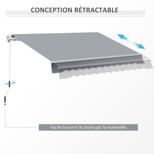 Store banne manuel rétractable 395 x 245 cm store exterieur terrasse avec manivelle, angle réglable 45°-85°, aluminium et polyester 280 g/m², protection UV, auvent de terrasse, gris