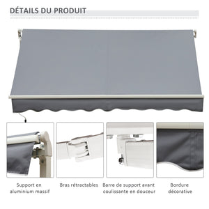 Store banne manuel rétractable 395 x 245 cm store exterieur terrasse avec manivelle, angle réglable 45°-85°, aluminium et polyester 280 g/m², protection UV, auvent de terrasse, gris