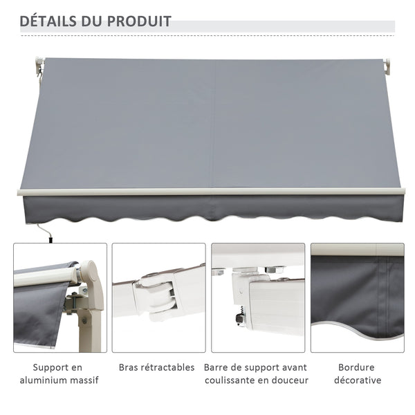 Store banne manuel rétractable 395 x 245 cm store exterieur terrasse avec manivelle, angle réglable 45°-85°, aluminium et polyester 280 g/m², protection UV, auvent de terrasse, gris