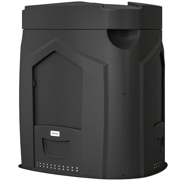 Composteur de jardin, 240L, bac à compost extérieur, triangulaire, 78 x 75 x 78 cm, en polypropylène, avec 3 Portes, 66 Aérations et Fond Ouvert, Inclus Gants et Tournevis, Noir
