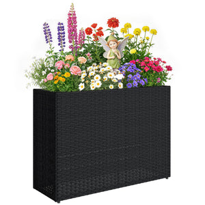 Jardinière surélevée en résine tressée, support de fleurs avec bac amovible et pieds réglables, cadre en acier, pour fleurs et légumes dans patio, balcon, terrasse, noir