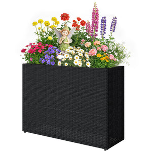 Jardinière surélevée en résine tressée, support de fleurs avec bac amovible et pieds réglables, cadre en acier, pour fleurs et légumes dans patio, balcon, terrasse, noir