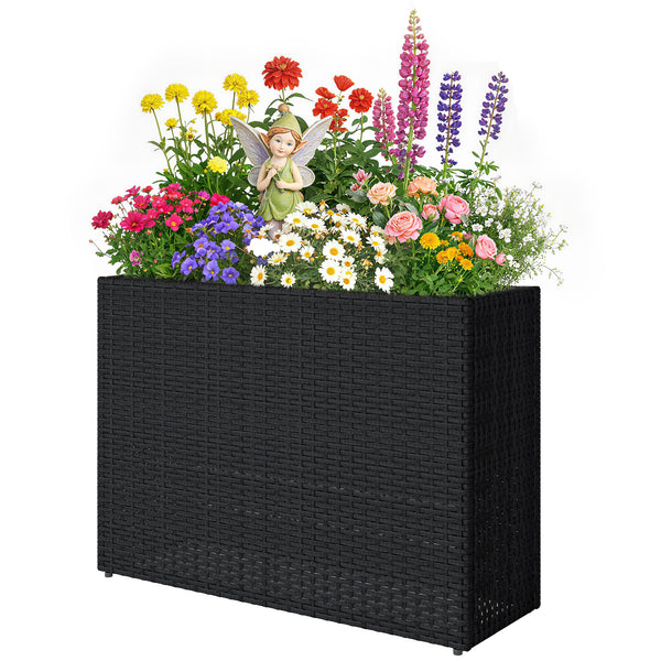 Jardinière surélevée en résine tressée, support de fleurs avec bac amovible et pieds réglables, cadre en acier, pour fleurs et légumes dans patio, balcon, terrasse, noir