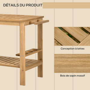 Desserte de jardin chariot pour plancha barbecue en bois avec poignée 2 plateaux et porte-bouteilles 95 x 47 x 74 cm