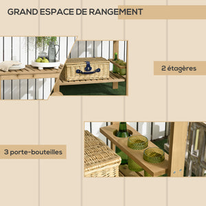 Desserte de jardin chariot pour plancha barbecue en bois avec poignée 2 plateaux et porte-bouteilles 95 x 47 x 74 cm