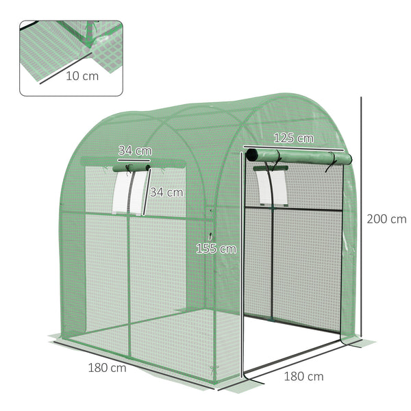 Serre de jardin serre tunnel de jardin 3,24m² PE Haute densité 135 g/m², avec 2 portes zippées enroulables 2 fenêtres en maille, pour toutes saisons, 180 x 180 x 200 cm, vert