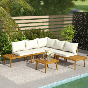 Salon de jardin extérieur d'angle 5 places modulable en bois d'acacia avec canapés et table basse, plateau à lattes et coussins inclus, mobilier de jardin terrasse véranda, crème