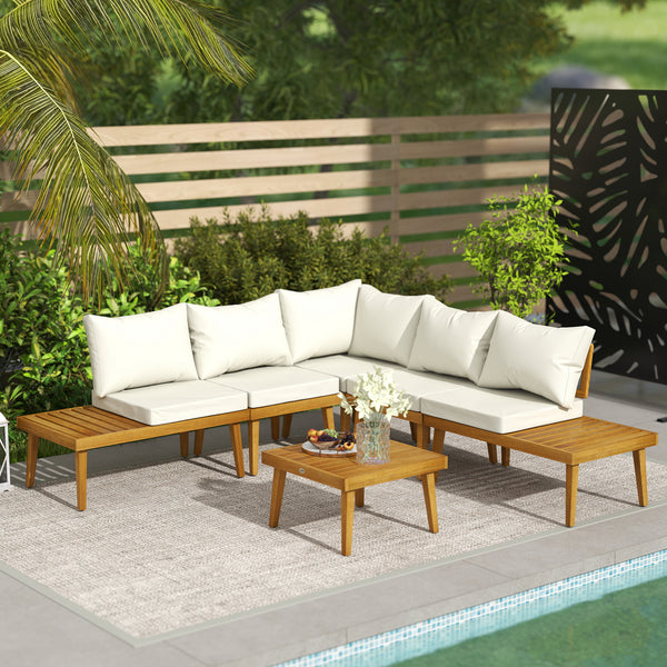 Salon de jardin extérieur d'angle 5 places modulable en bois d'acacia avec canapés et table basse, plateau à lattes et coussins inclus, mobilier de jardin terrasse véranda, crème