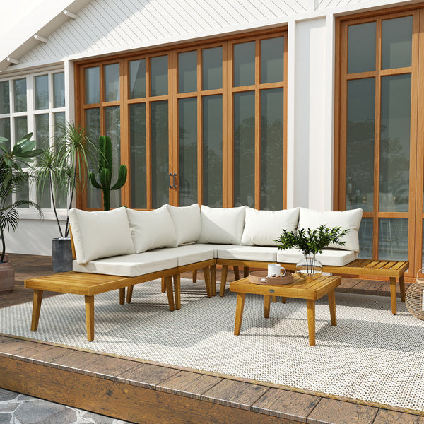 Salon de jardin extérieur d'angle 5 places modulable en bois d'acacia avec canapés et table basse, plateau à lattes et coussins inclus, mobilier de jardin terrasse véranda, crème