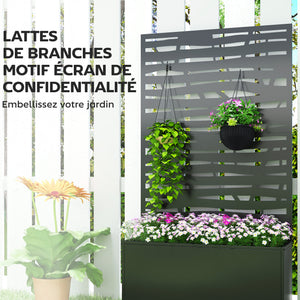 Jardinière avec treillis, bac à fleurs en métal, lit surélevé avec brise-vue et roues, treillis découpé en lattes pour plantes grimpantes, légumes, fleurs, 90 x 30 x 160 cm, noir