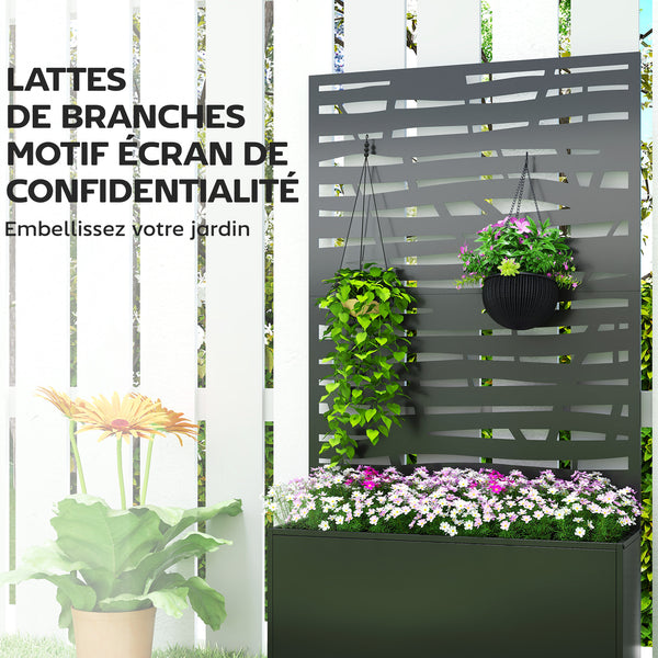 Jardinière avec treillis, bac à fleurs en métal, lit surélevé avec brise-vue et roues, treillis découpé en lattes pour plantes grimpantes, légumes, fleurs, 90 x 30 x 160 cm, noir