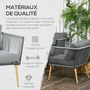 Salon de Jardin en résine tressée 4 places avec 1 canapé 2 fauteuils et 1 table basse 7 coussins inclus gris