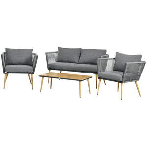 Salon de Jardin en résine tressée 4 places avec 1 canapé 2 fauteuils et 1 table basse 7 coussins inclus gris