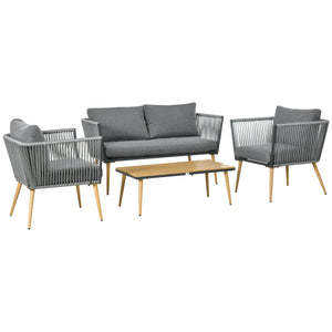 Salon de Jardin en résine tressée 4 places avec 1 canapé 2 fauteuils et 1 table basse 7 coussins inclus gris