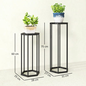 Lot de 2 supports pour plantes, tabouret à fleurs hexagonal, porte-plante haut en métal, support pot de fleur intérieur et extérieur, pour jardin, balcon, maison, noir