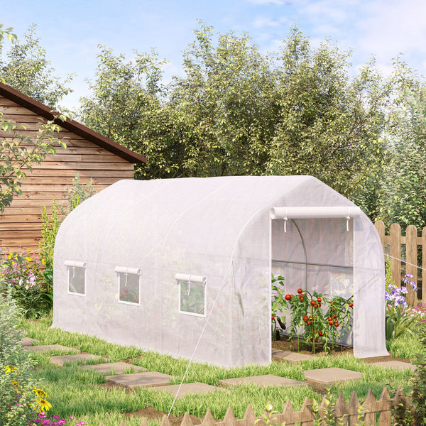 Serre tunnel de jardin 8m², serre de jardin tunnel 400x200x200cm avec 1 portes et 6 fenêtres, pour extérieur, toutes saisons, légumes, fruits, fleurs, bâche PE haute densité 140 g/m² blanc