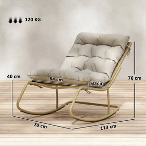 Fauteuil à bascule d'extérieur avec assise extra large 64 cm et coussin moelleux, fauteuil de jardin, balcon, véranda, kaki