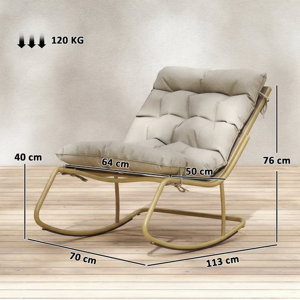 Fauteuil à bascule d'extérieur avec assise extra large 64 cm et coussin moelleux, fauteuil de jardin, balcon, véranda, kaki