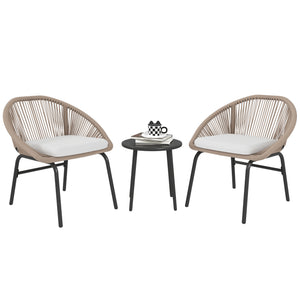 Ensemble salon de jardin 3 pièces pour 2 personnes avec coussins d'assise moelleux avec corde en résine tressée et acier époxy kaki