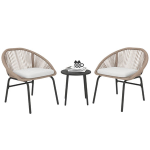 Ensemble salon de jardin 3 pièces pour 2 personnes avec coussins d'assise moelleux avec corde en résine tressée et acier époxy kaki