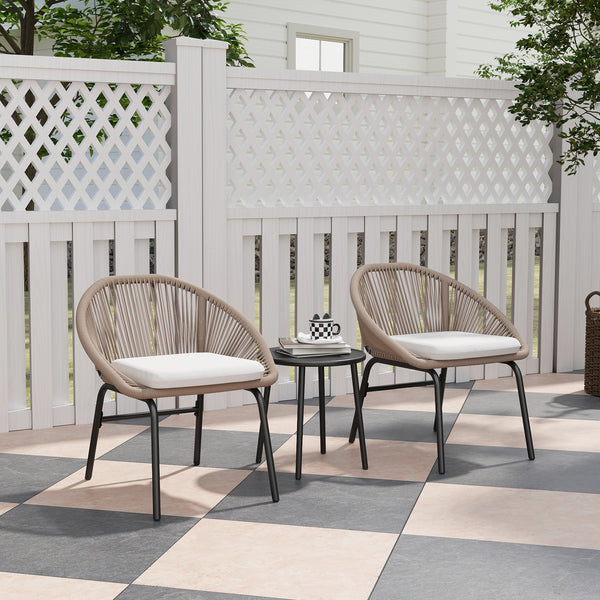 Ensemble salon de jardin 3 pièces pour 2 personnes avec coussins d'assise moelleux avec corde en résine tressée et acier époxy kaki