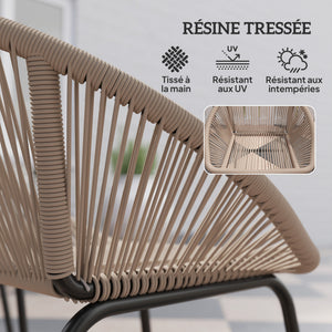 Ensemble salon de jardin 3 pièces pour 2 personnes avec coussins d'assise moelleux avec corde en résine tressée et acier époxy kaki