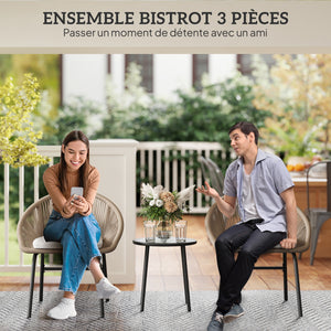 Ensemble salon de jardin 3 pièces pour 2 personnes avec coussins d'assise moelleux avec corde en résine tressée et acier époxy kaki