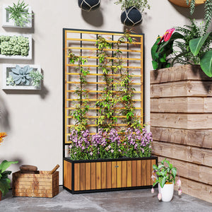 Jardinière avec treillis, lit surélevé de jardin, jardinière extérieure avec trous de drainage, bac à fleurs en bois d'acacia et acier pour balcon patio, 74 x 27 x 131 cm, teck