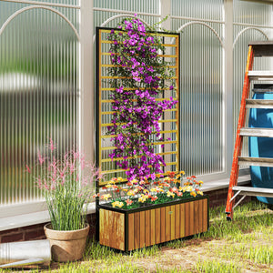 Jardinière avec treillis, lit surélevé de jardin, jardinière extérieure avec trous de drainage, bac à fleurs en bois d'acacia et acier pour balcon patio, 74 x 27 x 131 cm, teck