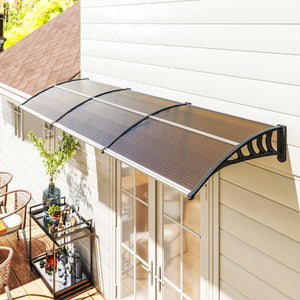 Auvent de porte d'entrée, toit marquise de porte exterieur en polycarbonate et profil aluminium résistante toit abri protection contre la pluie et UV pour terrasse, balcon, 303x96cm, marron