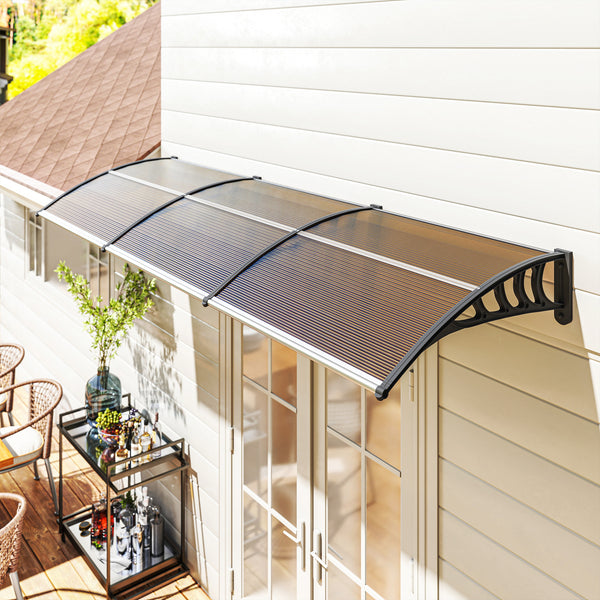 Auvent de porte d'entrée, toit marquise de porte exterieur en polycarbonate et profil aluminium résistante toit abri protection contre la pluie et UV pour terrasse, balcon, 303x96cm, marron