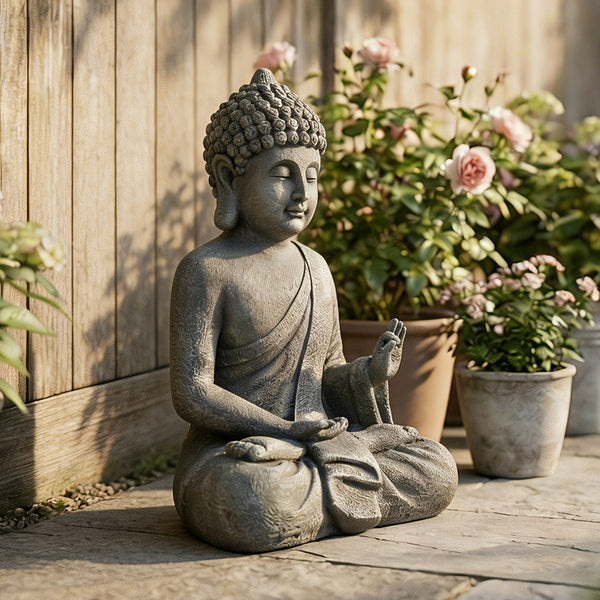 Statue de Jardin, Sculpture de Bouddha Assis en Oxyde de Magnésium, Décoration Spirituelle pour Intérieur et Extérieur, Jardin, Patio, Cour, Gris Foncé