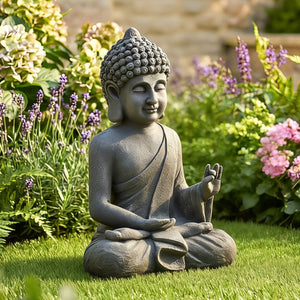 Statue de Jardin, Sculpture de Bouddha Assis en Oxyde de Magnésium, Décoration Spirituelle pour Intérieur et Extérieur, Jardin, Patio, Cour, Gris Foncé