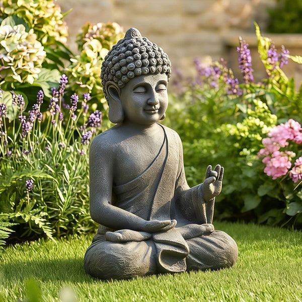 Statue de Jardin, Sculpture de Bouddha Assis en Oxyde de Magnésium, Décoration Spirituelle pour Intérieur et Extérieur, Jardin, Patio, Cour, Gris Foncé