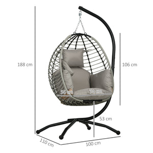 Fauteuil œuf Suspendu balancelle Pliante avec Coussin et Support Usage intérieur extérieur métal corde en polypropylène dim. 110L x 100l x 188H cm gris