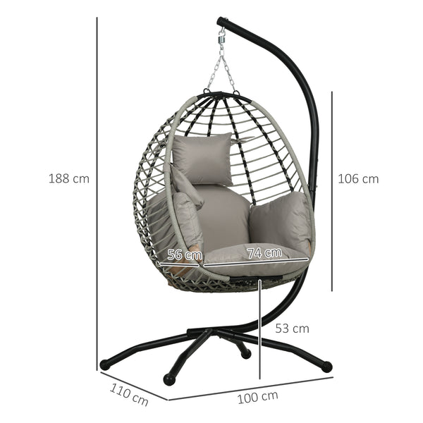 Fauteuil œuf Suspendu balancelle Pliante avec Coussin et Support Usage intérieur extérieur métal corde en polypropylène dim. 110L x 100l x 188H cm gris